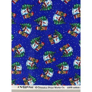 VIP Cranston Print Works Snowman Teddy Bear Blue Cotton Christmas Fabric BTY